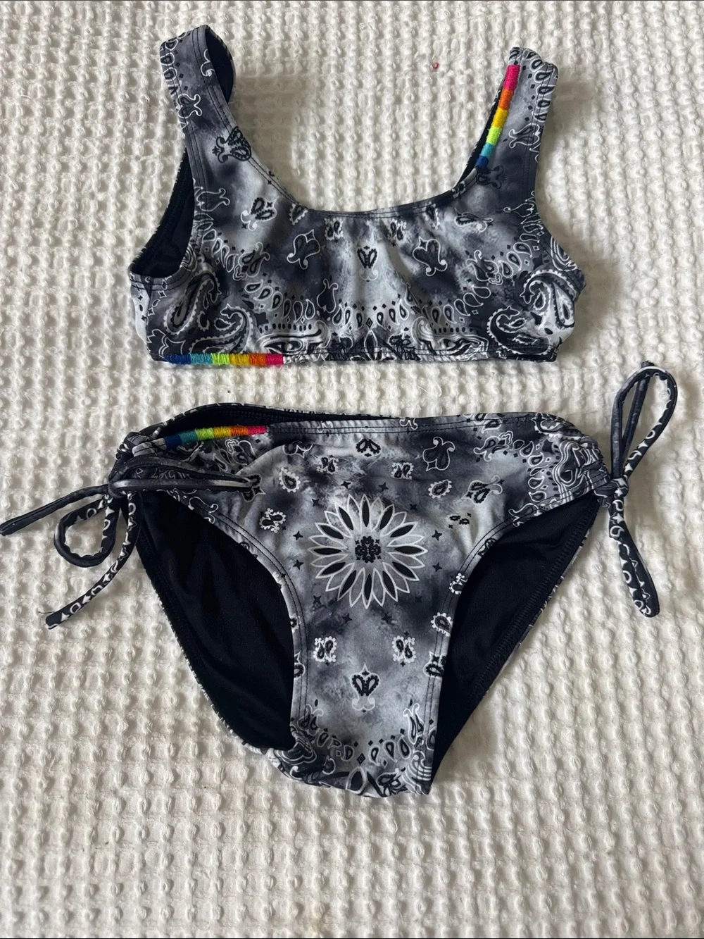 Flowers by Zoe Black Bandana Print Two-Piece Bikini with Rainbow Trim